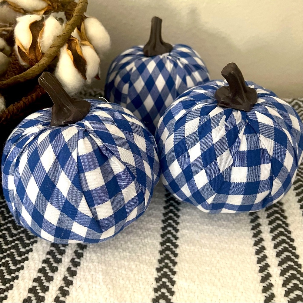 Farmhouse 15”D Blue and White Plaid Pumpkins Set of 3